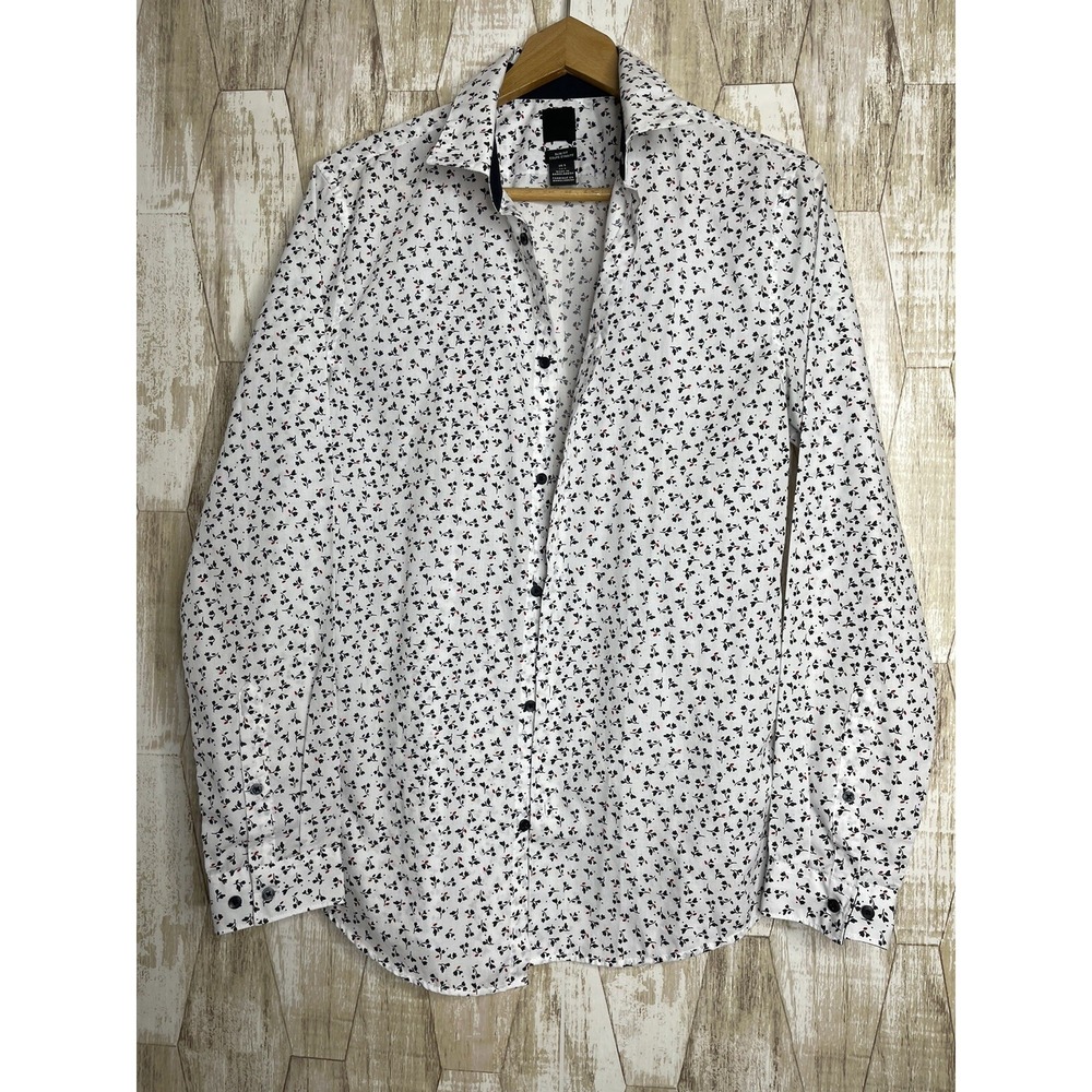 H&M Womens‎ Slim Fit Blouse Size S Button Up White w/ Blue Floral